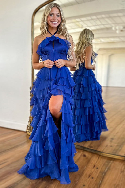 Halter Royal Blue A Line Tiered Corset Long Prom Dress with Slit