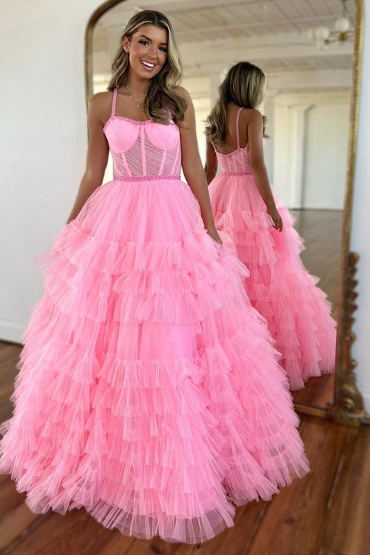 A Line Pink Spaghetti Straps Tiered Corset Tulle Long Prom Dress