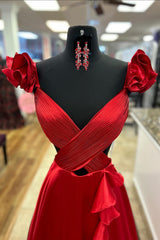 Red Ruffled Satin Hollow Out Long Prom Dress