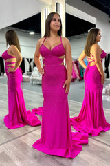 Sparkly Fuchsia Halter Mermaid Long Prom Dress with Lace-Up Back