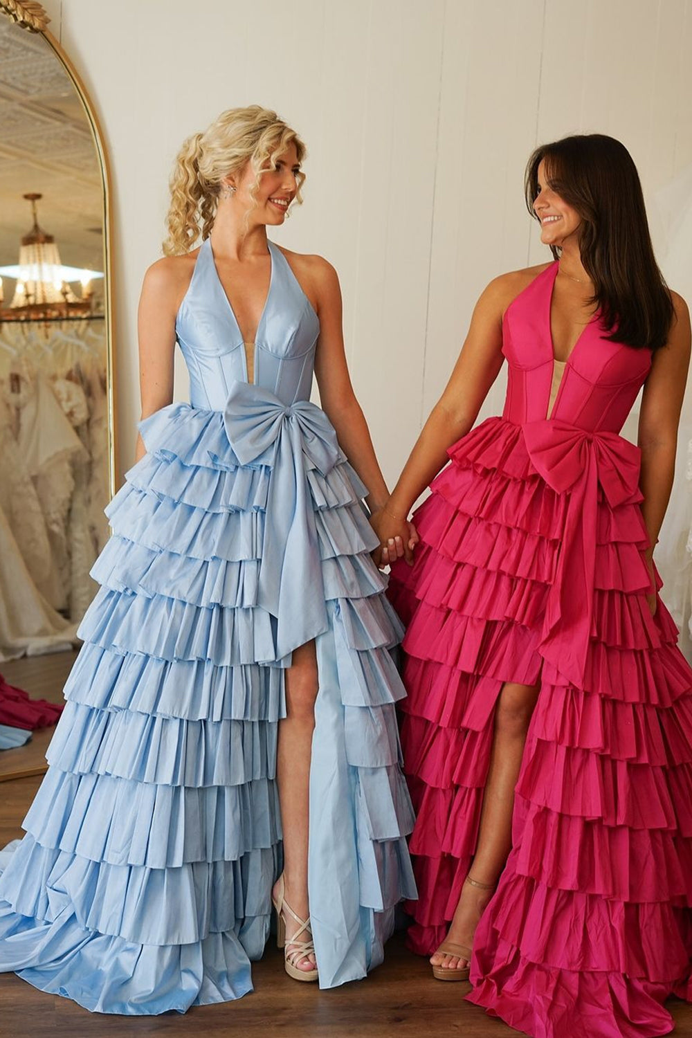 A Line Blue Halter Satin Tiered Long Prom Dress with Slit