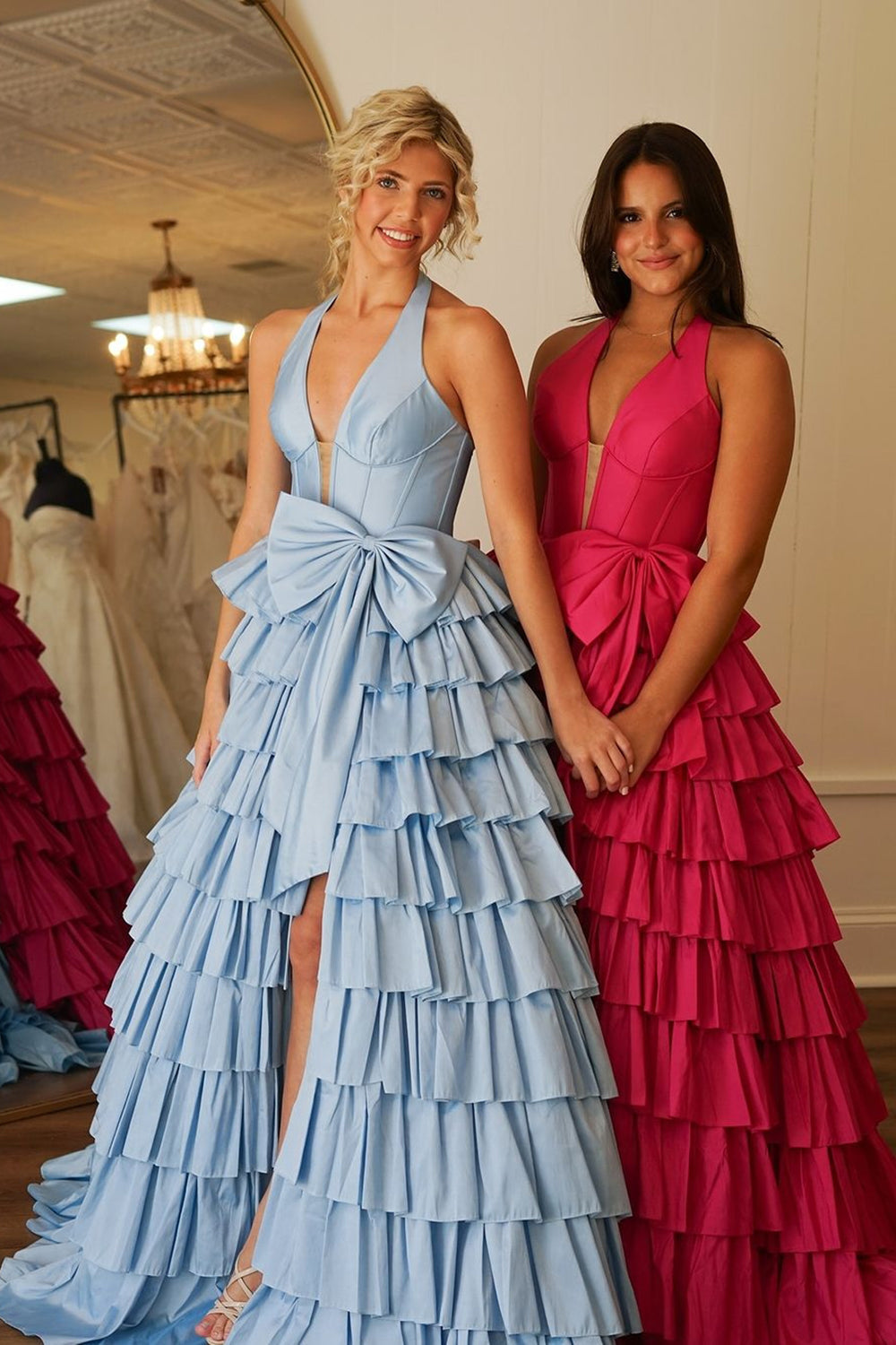 A Line Blue Halter Satin Tiered Long Prom Dress with Slit