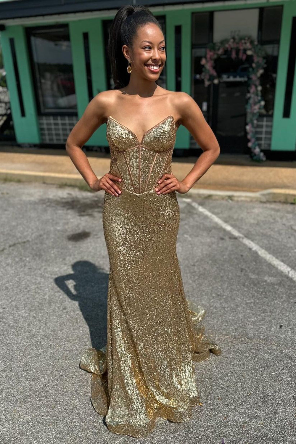 Sparkly Golden Strapless Mermaid Corset Long Prom Dress