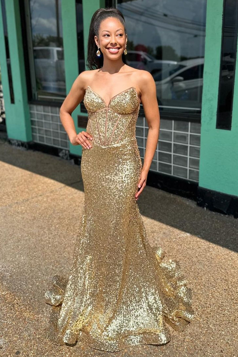 Sparkly Golden Strapless Mermaid Corset Long Prom Dress