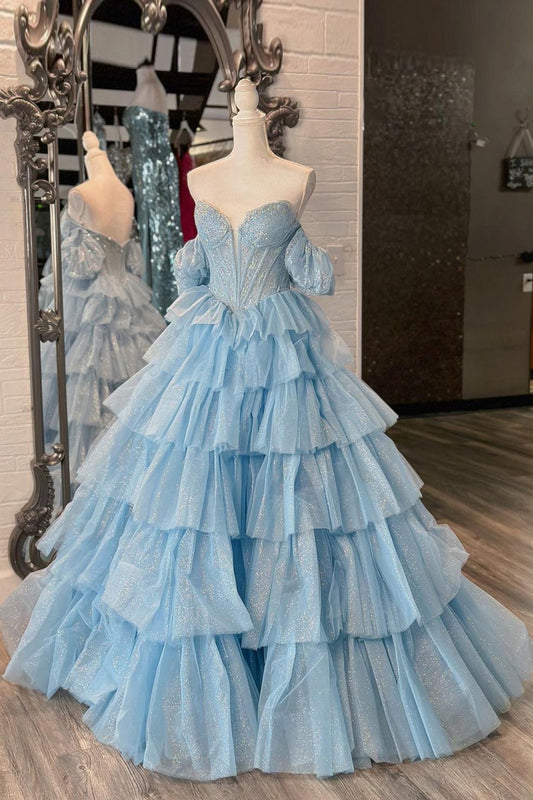 Sparkly A Line Blue Corset Tiered Tulle Long Prom Dress