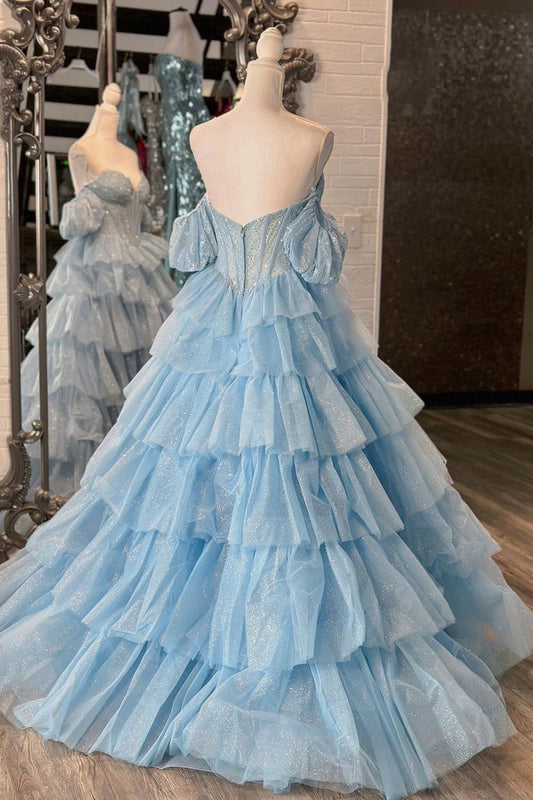 Sparkly A Line Blue Corset Tiered Tulle Long Prom Dress