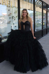 A Line Black Strapless Tiered Corset Tulle Long Prom Dress