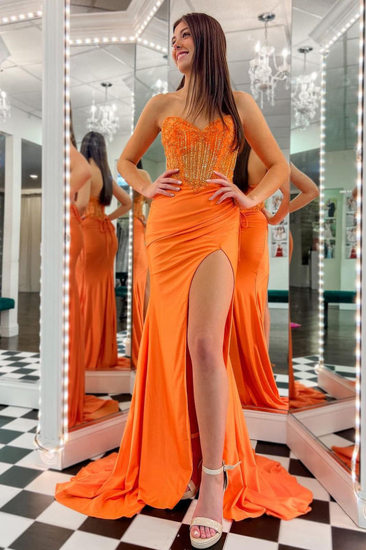 Sparkly Orange Strapless Mermaid Beaded Long Prom Dress with Slit