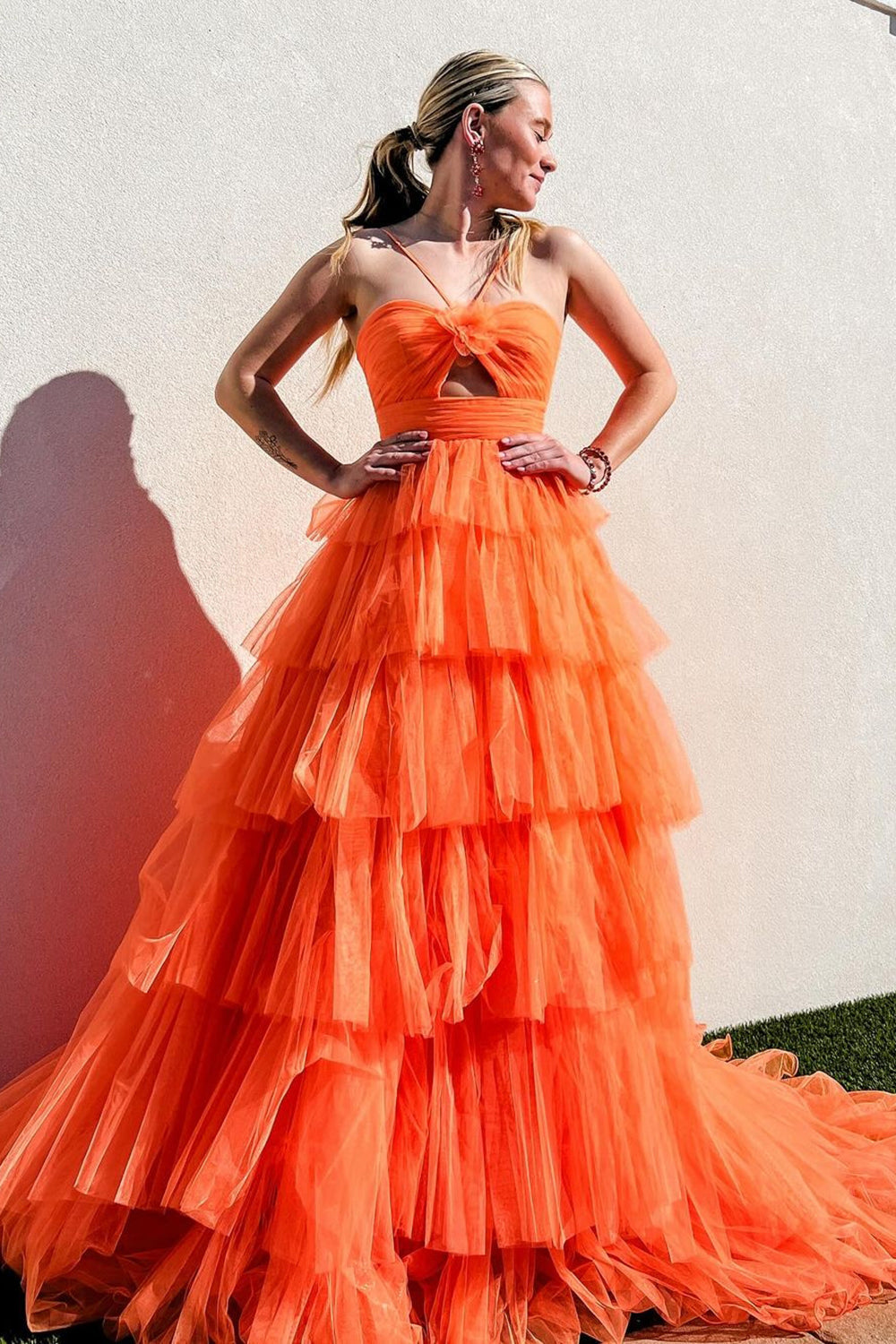 A Line Orange Halter Tiered Tulle Long Prom Dress with Keyhole