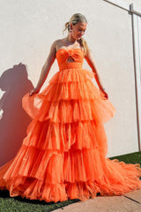 A Line Orange Halter Tiered Tulle Long Prom Dress with Keyhole