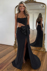 Sparkly Black Mermaid Sequined Long Prom Dress with Bow