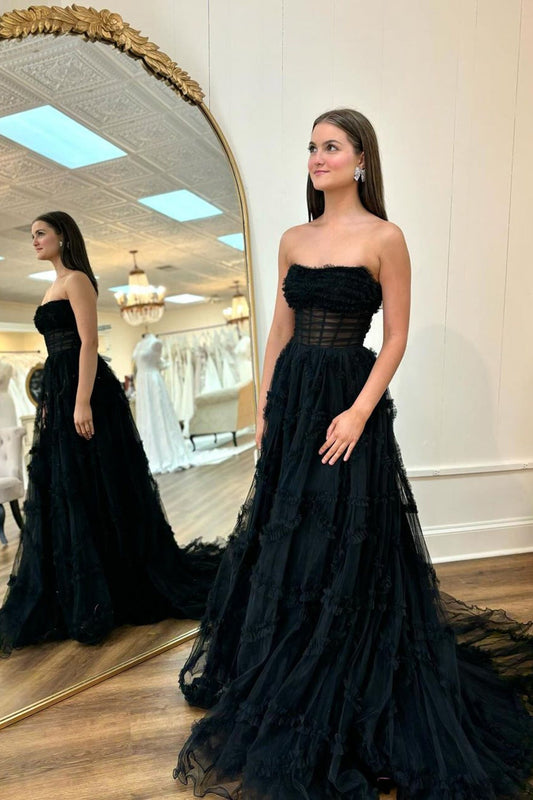 A Line Black Strapless Corset Tulle Long Prom Dress with Lace