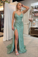 Sparkly Green Spaghetti Straps Mermaid Long Prom Dress with Slit