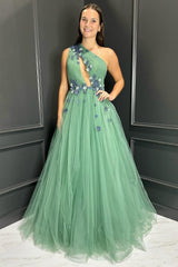 A Line Green One Shoulder Tulle Long Prom Dress with Flowers