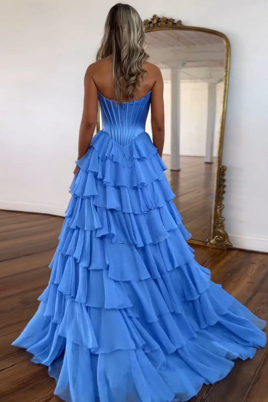 A Line Blue Strapless Tiered Corset Long Prom Dress