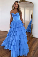 A Line Blue Strapless Tiered Corset Long Prom Dress