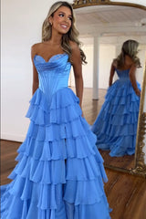 A Line Blue Strapless Tiered Corset Long Prom Dress