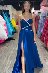 A-Line Royal Blue One Shoulder Long Prom Dress with Slit