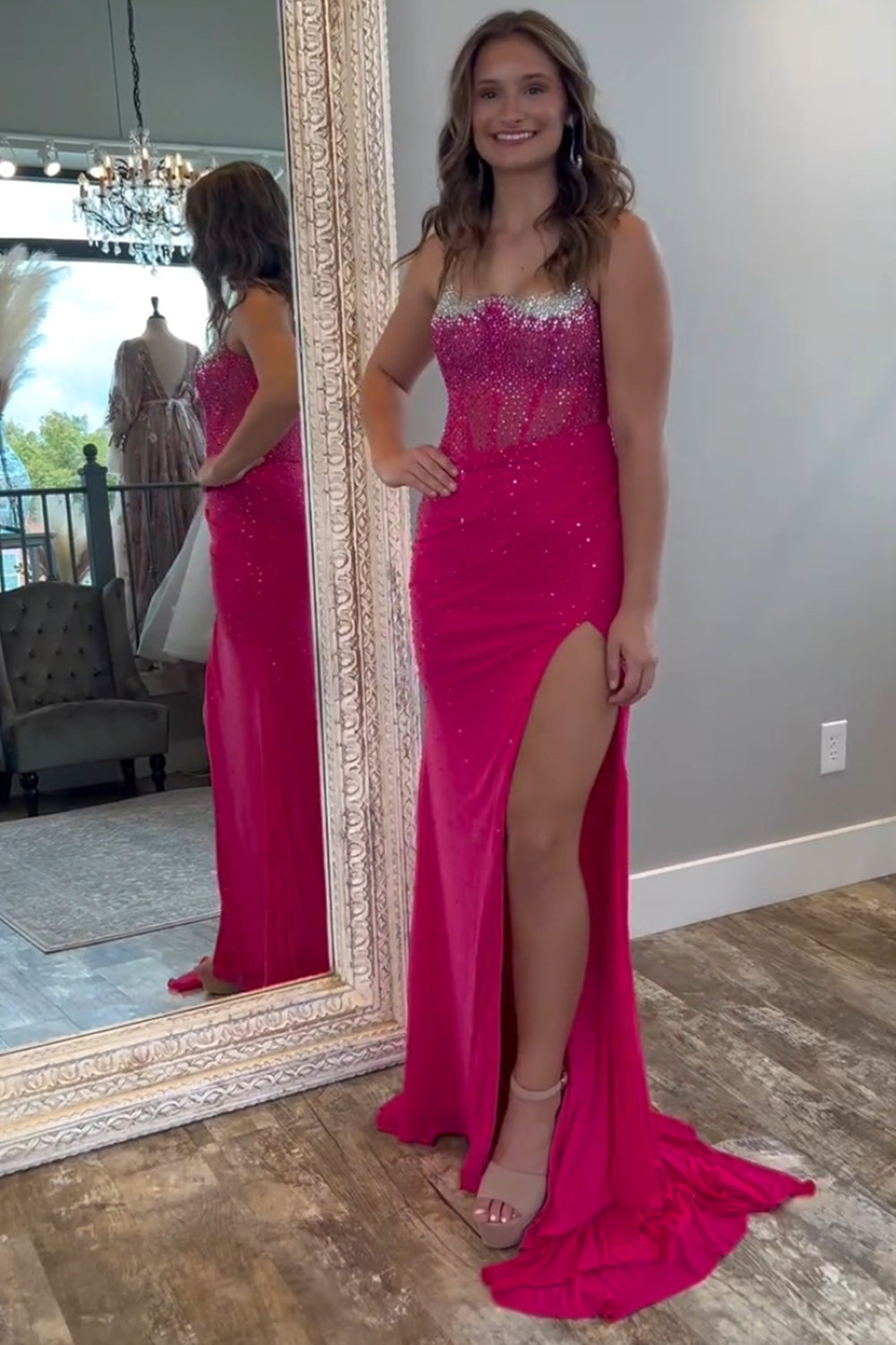 Sparkly Red Spaghetti Straps Mermaid Corset Long Prom Dress with Slit