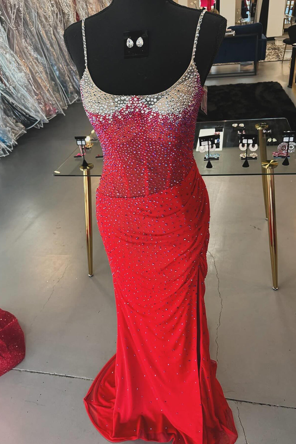 Sparkly Orange Corset Spaghetti Straps Long Prom Dress with Slit