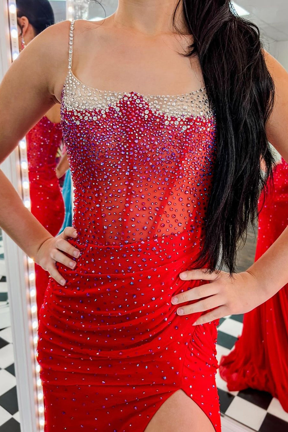 Sparkly Red Spaghetti Straps Mermaid Corset Long Prom Dress with Slit