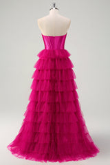 Fuchsia A Line Sweetheart Tiered Tulle Corset Long Prom Dress