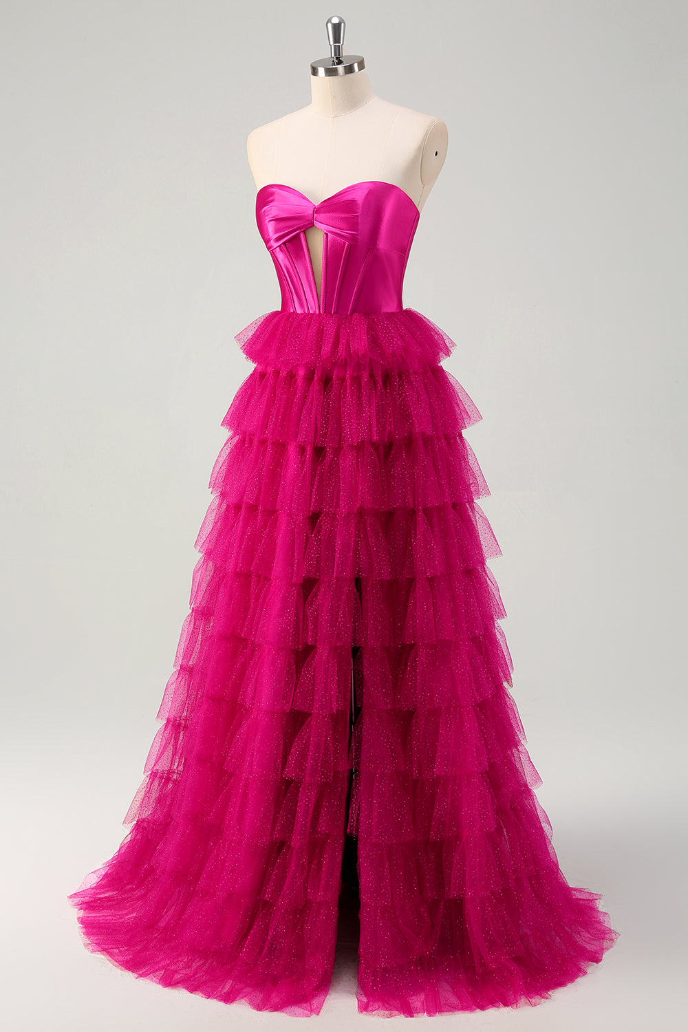 Fuchsia A Line Sweetheart Tiered Tulle Corset Long Prom Dress