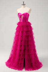 Fuchsia A Line Sweetheart Tiered Tulle Corset Long Prom Dress