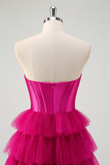 Fuchsia A Line Sweetheart Tiered Tulle Corset Long Prom Dress