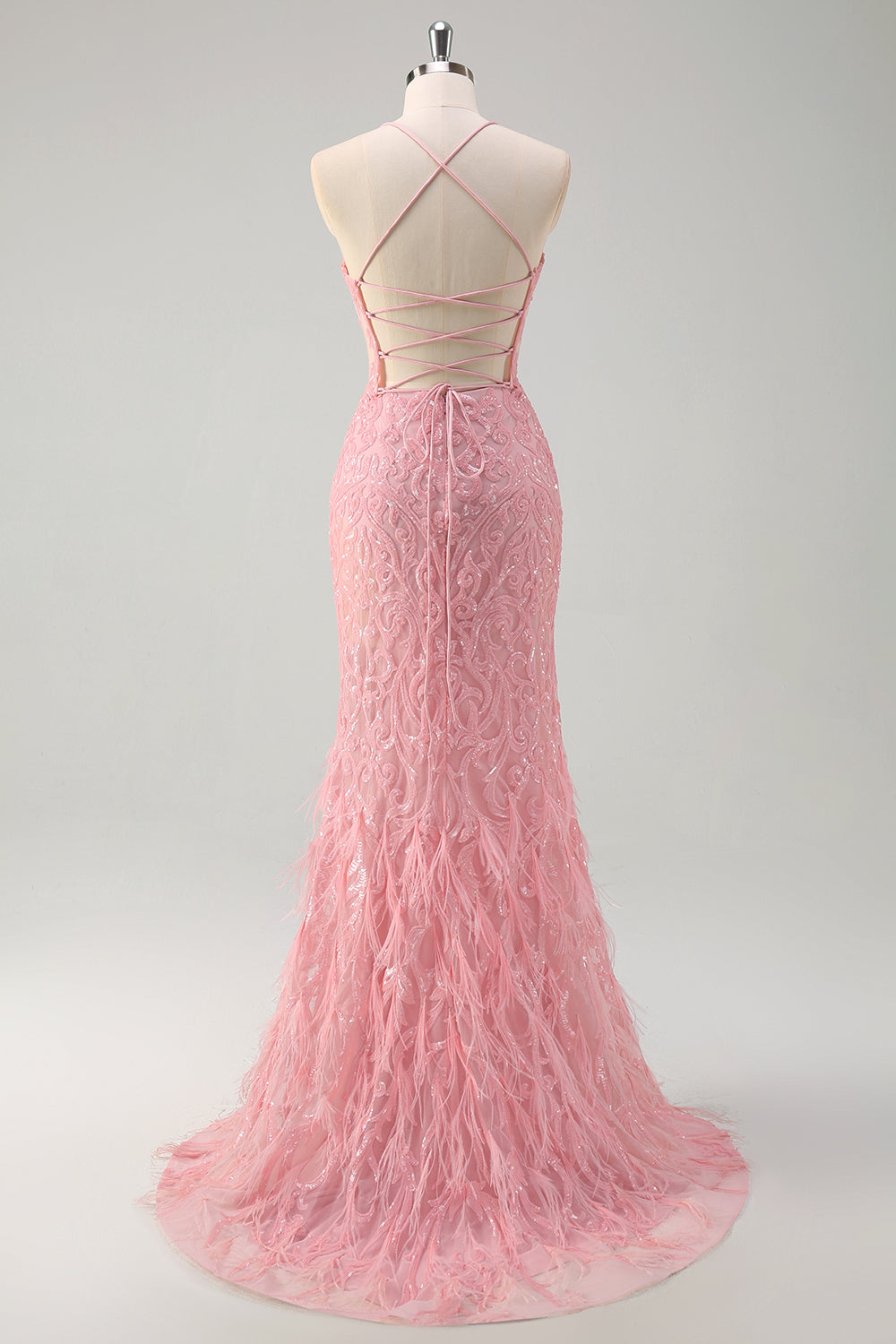 Sparkly Pink Mermaid Lace-Up Back Long Prom Dress with Feather