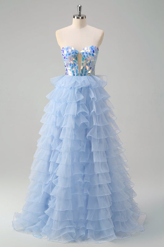 A Line Blue Strapless Mirror Tulle Long Prom Dress with Ruffles