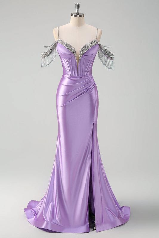 Sparkly Lilac Mermaid Cold Shoulder Corset Long Prom Dress with Slit