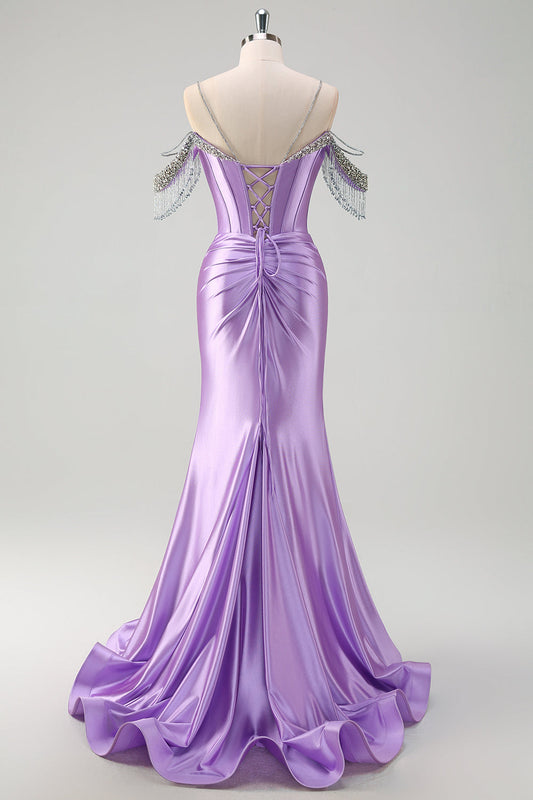 Sparkly Lilac Mermaid Cold Shoulder Corset Long Prom Dress with Slit