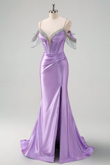 Sparkly Lilac Mermaid Cold Shoulder Corset Long Prom Dress with Slit