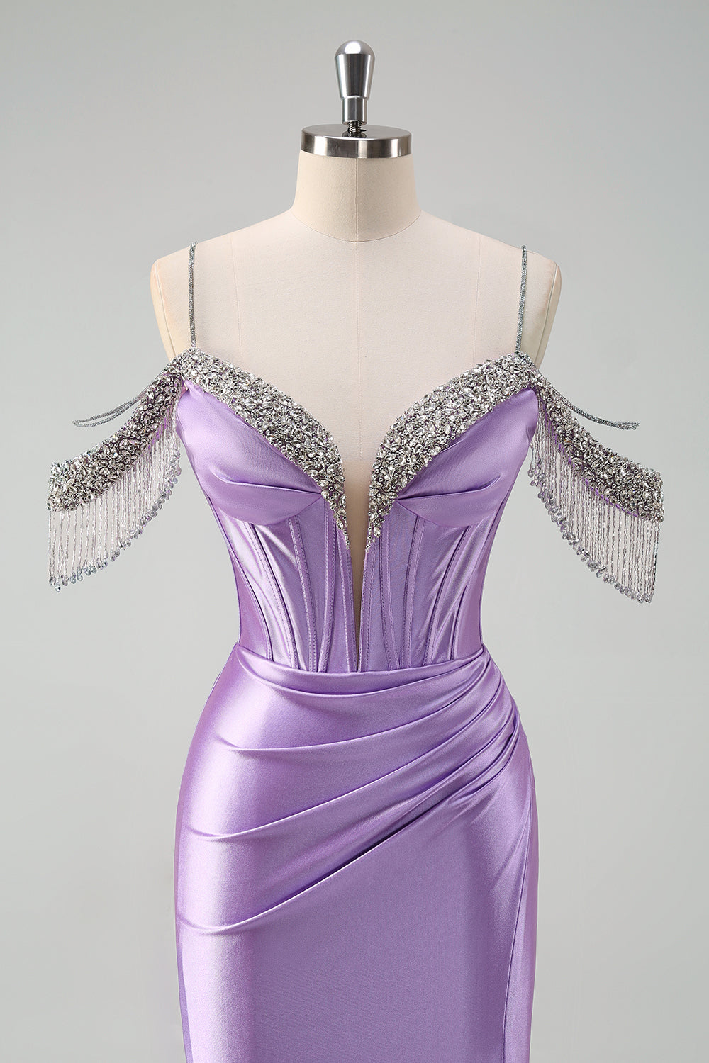 Sparkly Lilac Mermaid Cold Shoulder Corset Long Prom Dress with Slit