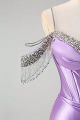 Sparkly Lilac Mermaid Cold Shoulder Corset Long Prom Dress with Slit