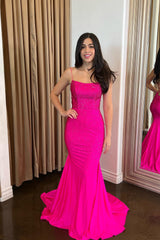 Sparkly Fuchsia Spaghetti Straps Mermaid Long Prom Dress