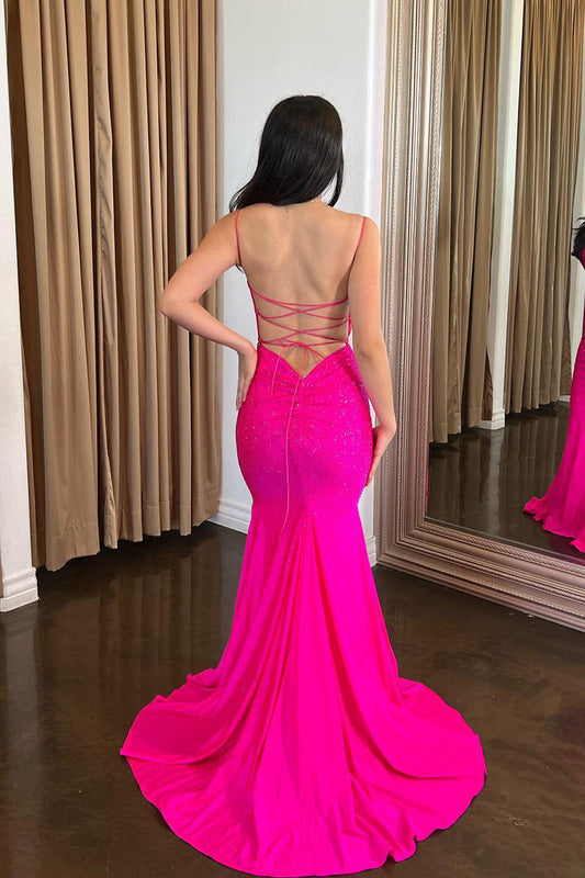 Sparkly Fuchsia Spaghetti Straps Mermaid Long Prom Dress