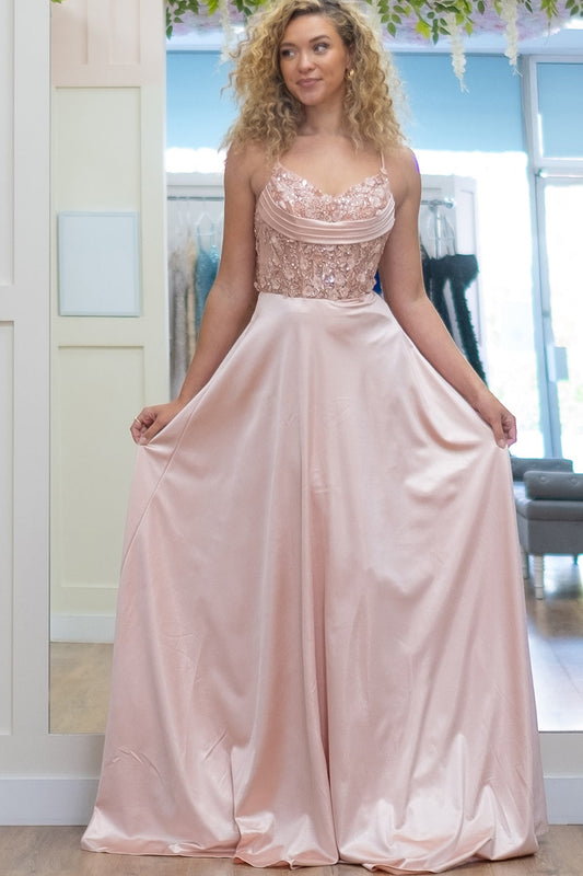 Pink Floral Spaghetti Straps A-Line Long Prom Dress