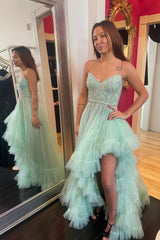 Sparkly Sage Ruffled Tulle Long Prom Dress with Slit