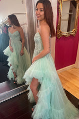 Sparkly Sage Ruffled Tulle Long Prom Dress with Slit