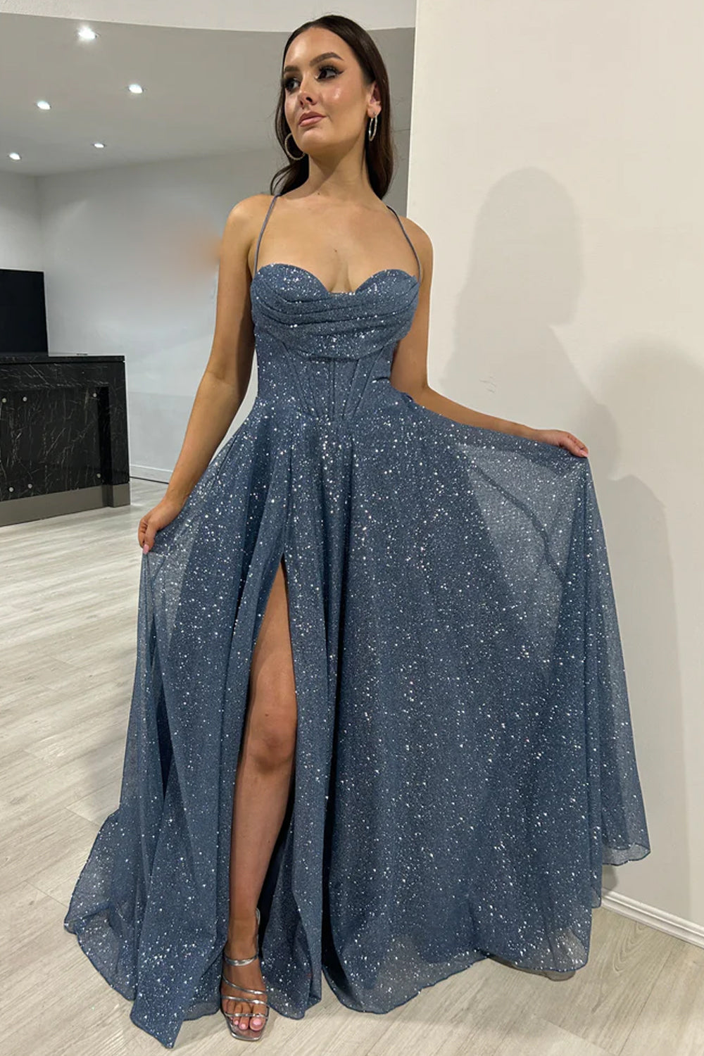 Sparkly Corset Dark Navy Long Prom Dress with Slit