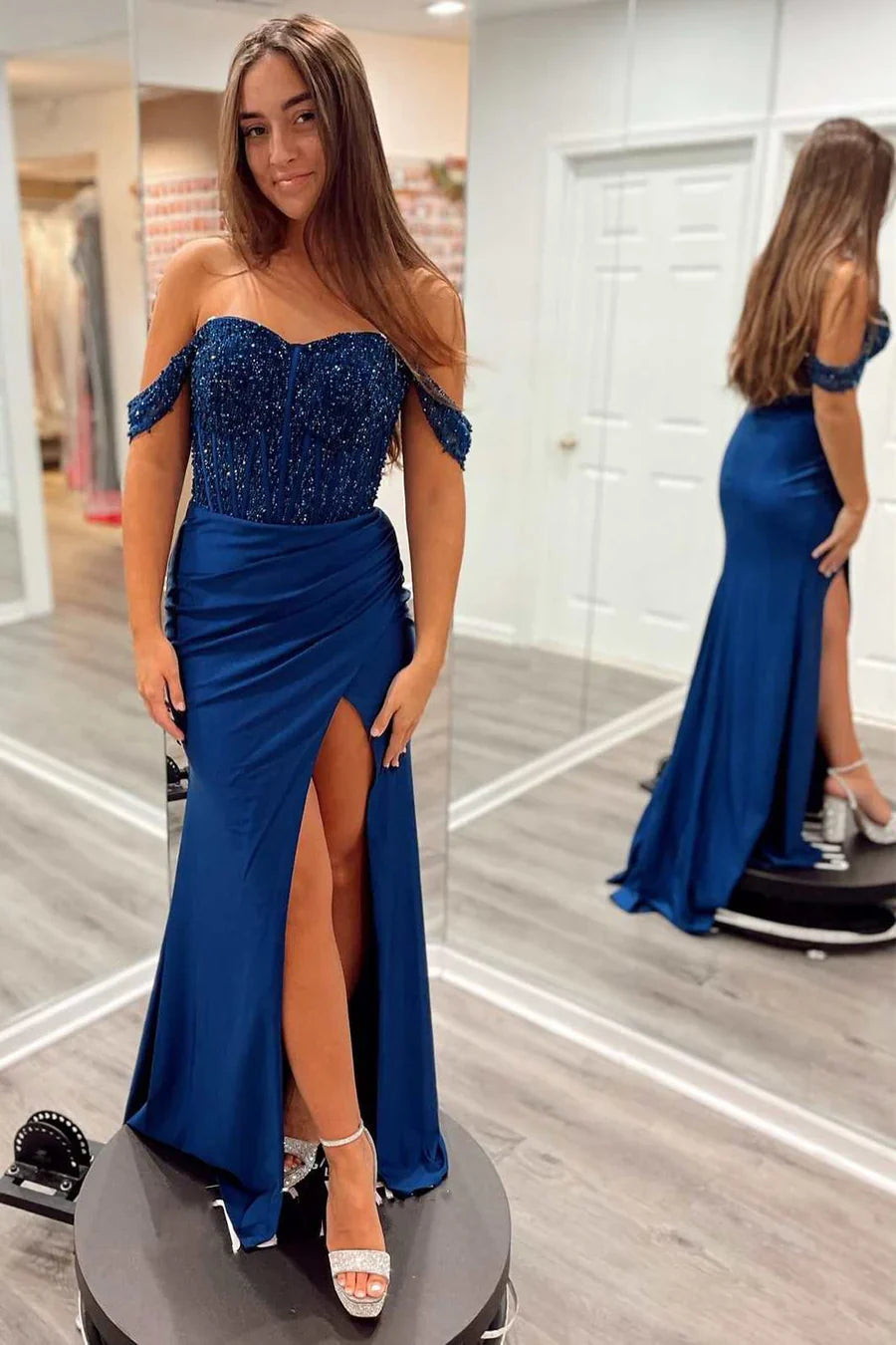 Sparkly Off The Shoulder Navy Mermaid Prom Dress with Slit