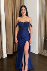 Sparkly Off The Shoulder Navy Mermaid Prom Dress with Slit