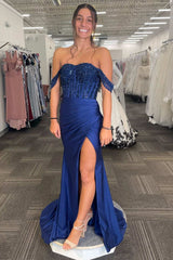 Sparkly Off The Shoulder Navy Mermaid Prom Dress with Slit