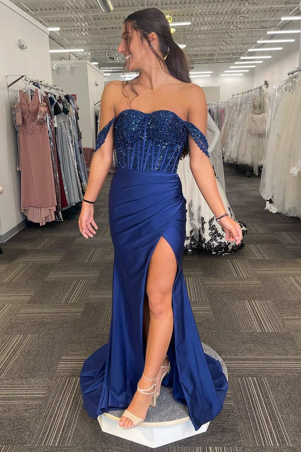 Sparkly Off The Shoulder Navy Mermaid Prom Dress with Slit