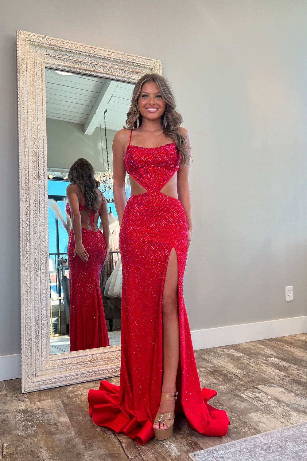 Sparkly Red Mermaid Prom Dress with Slit