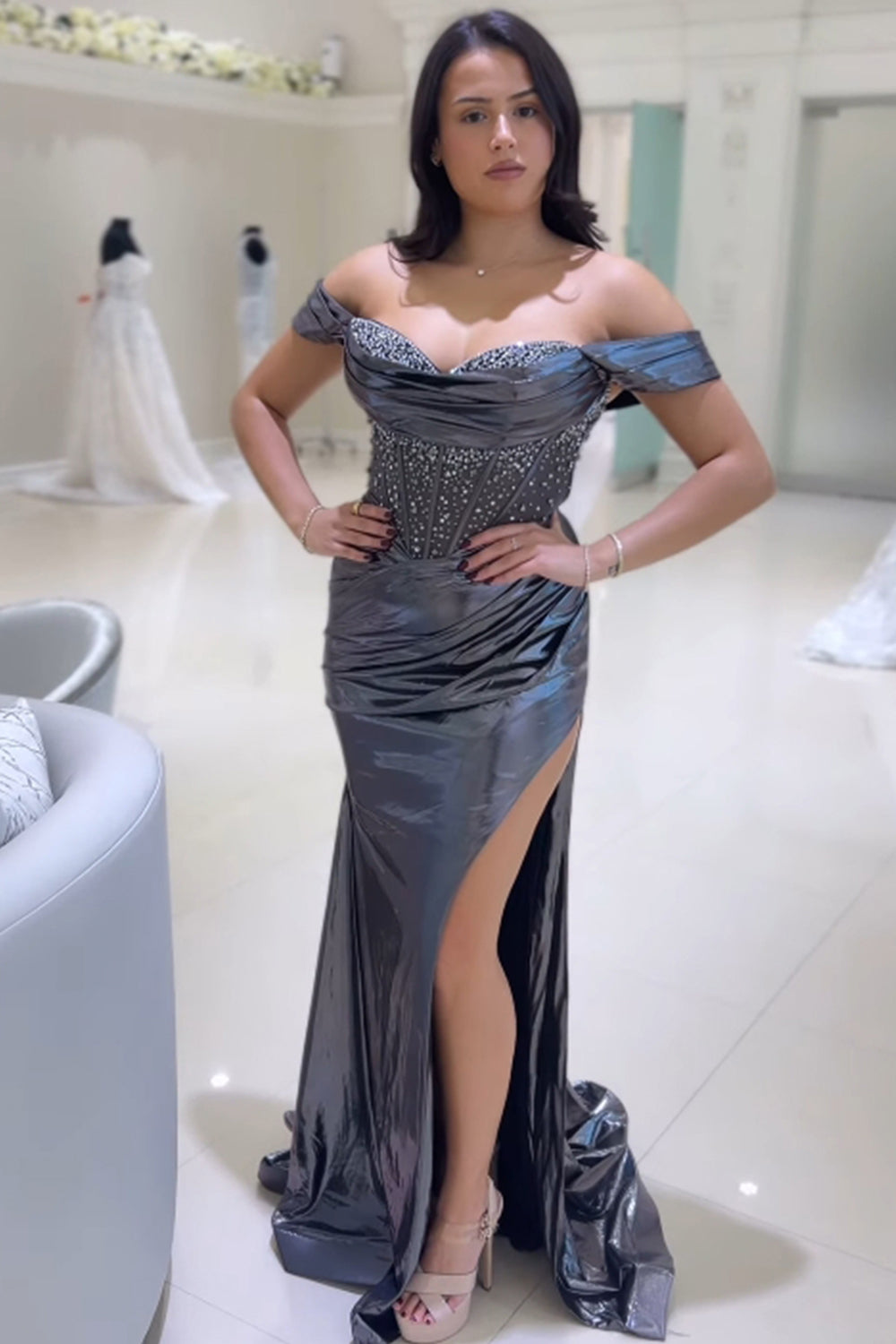 Sparkly Grey Off The Shoulder Mermaid Prom Dress with Slit