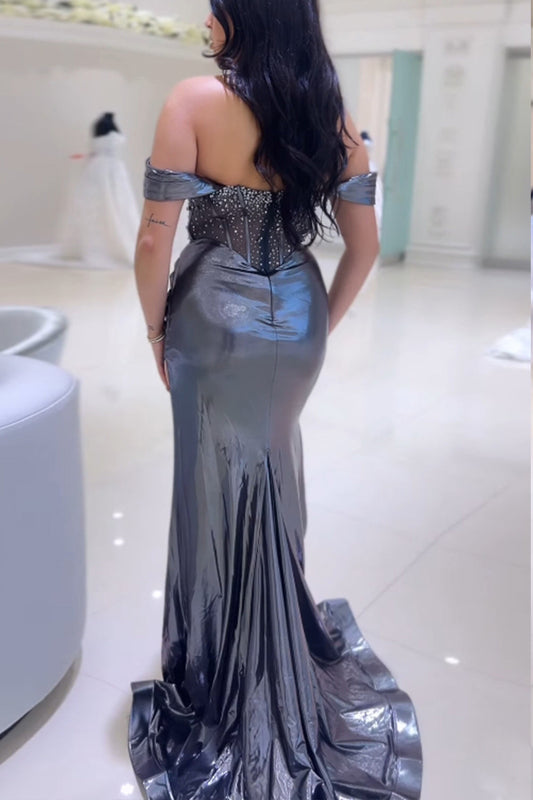 Sparkly Grey Off The Shoulder Mermaid Prom Dress with Slit