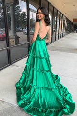 Green Ruffled Spaghetti Straps Prom Dress with Slit